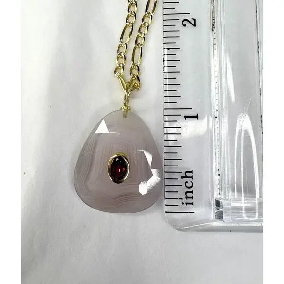 Agate Garnet Sterling Silver Gold Vermeil Pendant Necklace Figaro Chain 20” - Picture 6 of 6